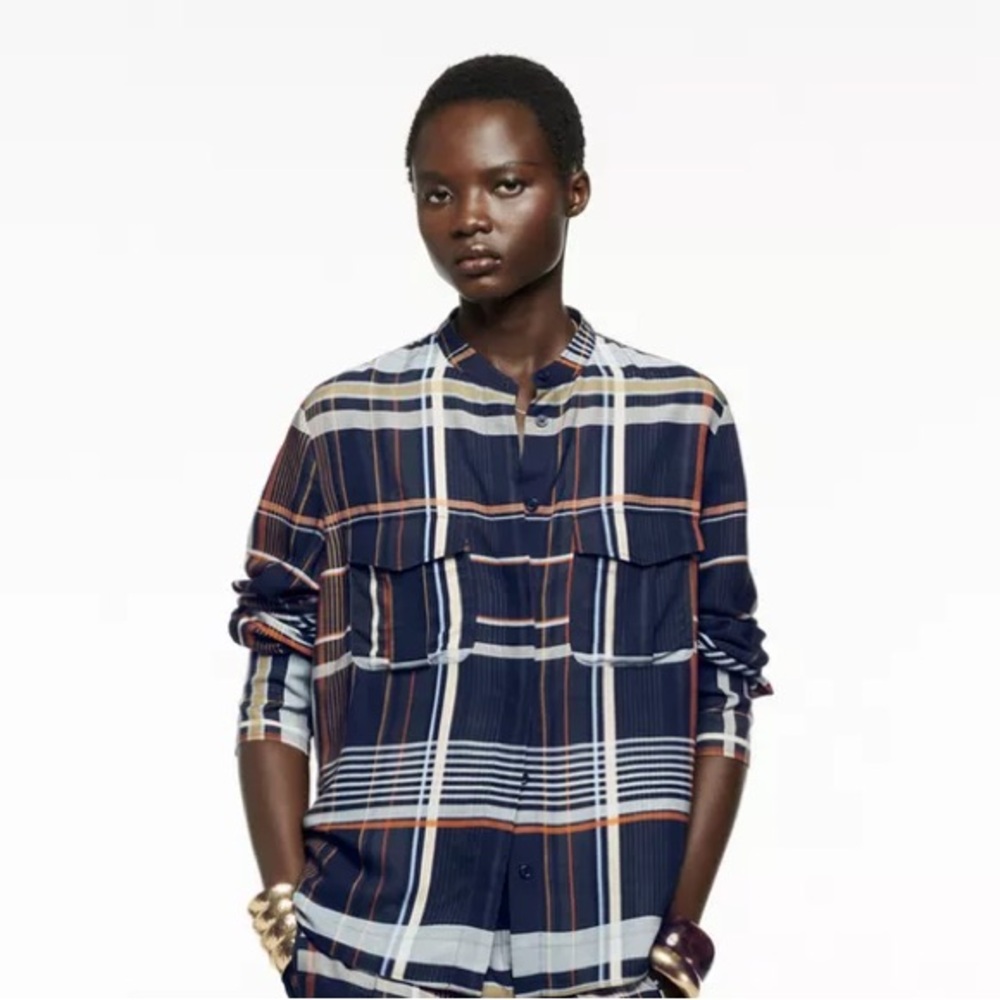 NWT Zara Plaid Pocket Buttondown Shirt Blouse new M